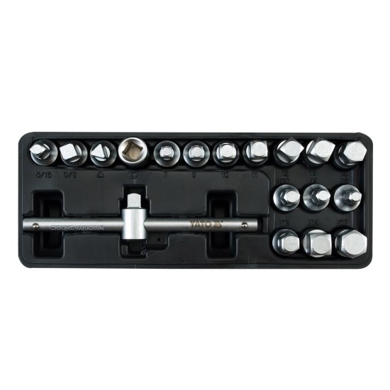 Olajleeresztő kulcs készlet 18 részes 5/16"-3/8", 8 mm,10 mm, 7-14 mm, 10 mm, 8-17 mm 3/8" CrV YA