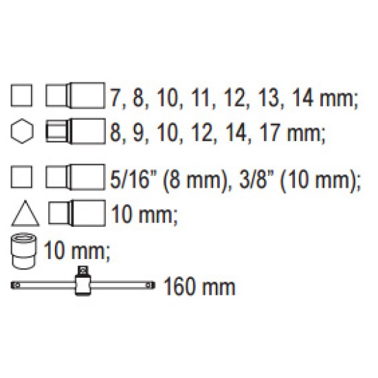 Olajleeresztő kulcs készlet 18 részes 5/16"-3/8", 8 mm,10 mm, 7-14 mm, 10 mm, 8-17 mm 3/8" CrV YA