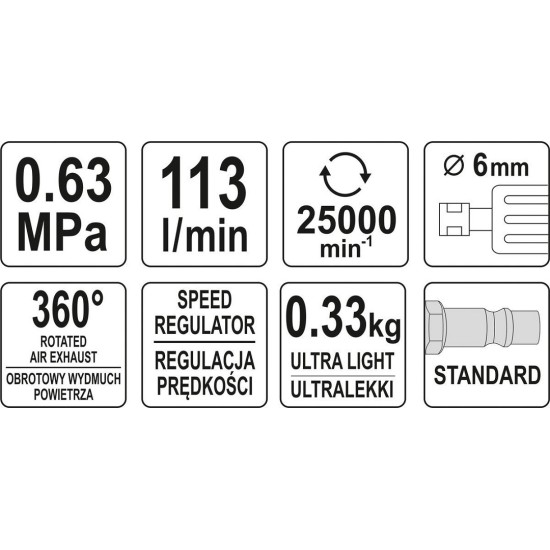 Pneumatikus egyenes csiszoló könnyített 113 l/min YATO