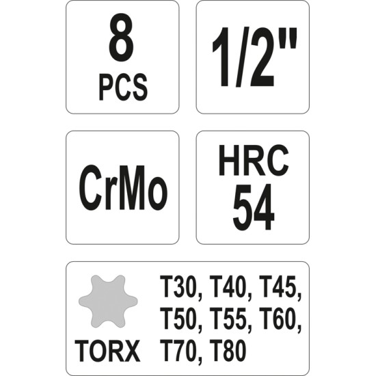 Gépi bit Torx dugókulcs készlet 8 részes 1/2": T30-T80 YATO
