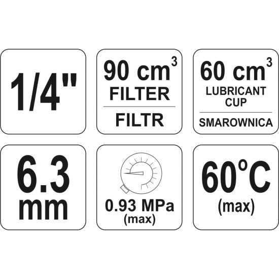 Levegő szűrő nyomásszabályzóval kenőtartállyal 1/4" 90 cm3 YATO
