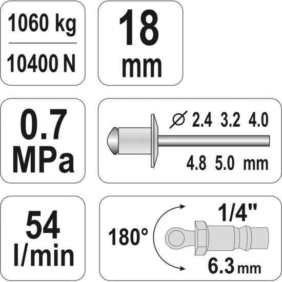 Pneumatikus popszegecshúzó 1/4", 0,7 MPa, 54 l/min YATO