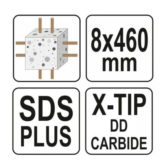 Kőzetfúró 8,0 x 460/375 mm négyélű SDS-Plus YATO