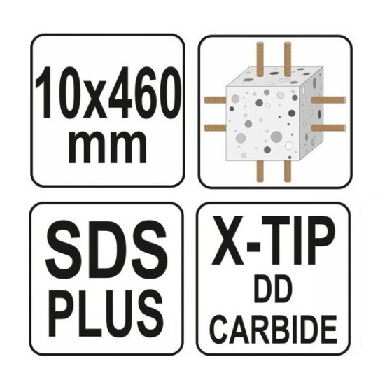 Kőzetfúró 10 x 460/375 mm négyélű SDS-Plus YATO
