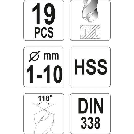 Csigafúró készlet 19 részes 1-10 mm HSS YATO Csigafúró készlet 19 részes 1-10 mm HSS YATO