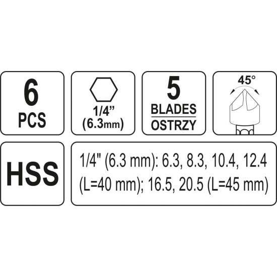 Kúpos süllyesztő készlet fémre 6 részes (6,3-8,3-10,4-12,4-16,5-20,5 mm) bitbefogású HSS YATO