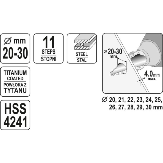 Lépcsős fúró 11 lépcsős 20-30 mm HSS-TiN YATO