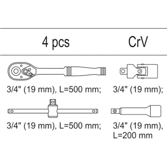 Racsnis dugókulcs készlet 4 részes 3/4" (fiókbetét) CrV YATO