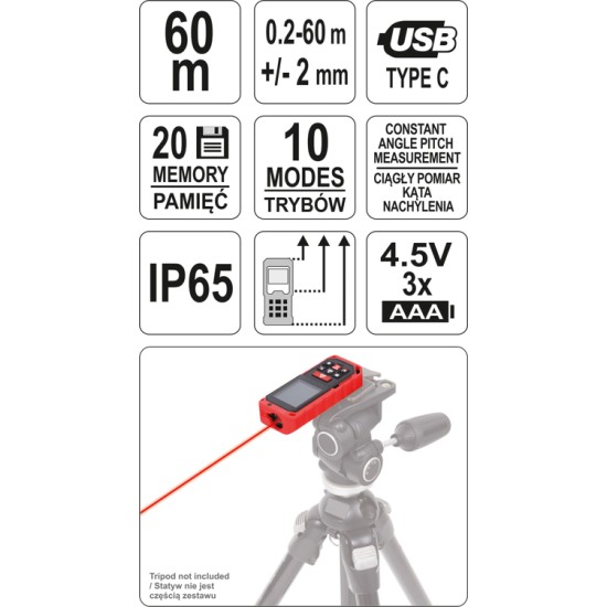 Lézeres távolságmérő 0,2-60 m IP65 YATO