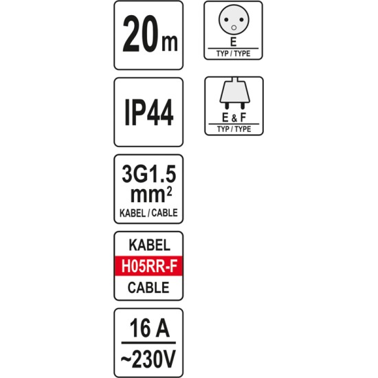 Kábeldob 20m 3 x 1,5 mm2 YATO