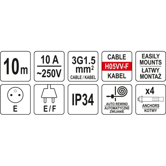 Elektromos kábeldob automata falra szerelhető 3 x 1,5 mm2 10m YATO