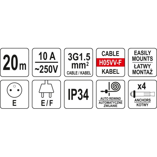 Elektromos kábeldob automata falra szerelhető 3 x 1,5 mm2 20m YATO