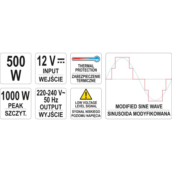 Feszültségátalakító inverter 12V-230V 500W YATO Feszültségátalakító inverter 12V-230V 500W YATO