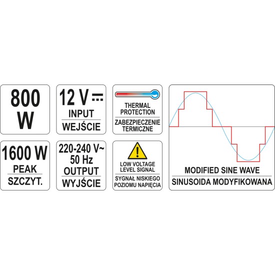 Feszültségátalakító inverter 12V-230V 800W YATO