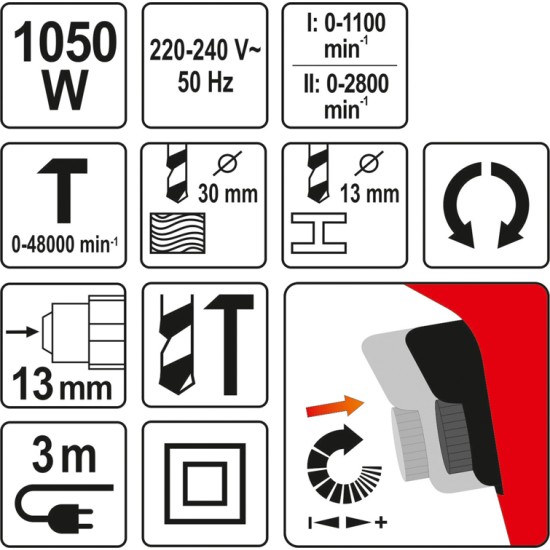 Elektromos ütvefúró 13 mm 1050 W YATO