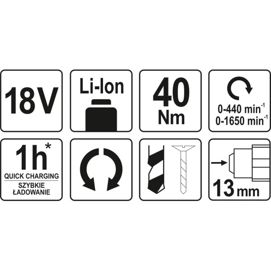 Akkus fúrócsavarozó 18V Li-ion (akku és töltő nélkül) YATO Akkus fúrócsavarozó 18V Li-ion (akku és töltő nélkül) YATO