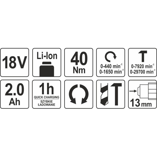 Akkus ütvefúró-csavarozó 18 V Li-ion (1 x 2,0 Ah akku + töltő) YATO