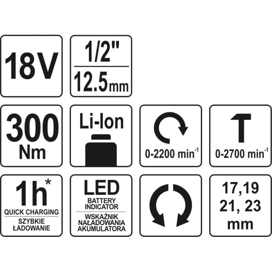 YATO Akkus ütvecsavarozó 18V Li-ion+4 fej 300Nm akku nélkül