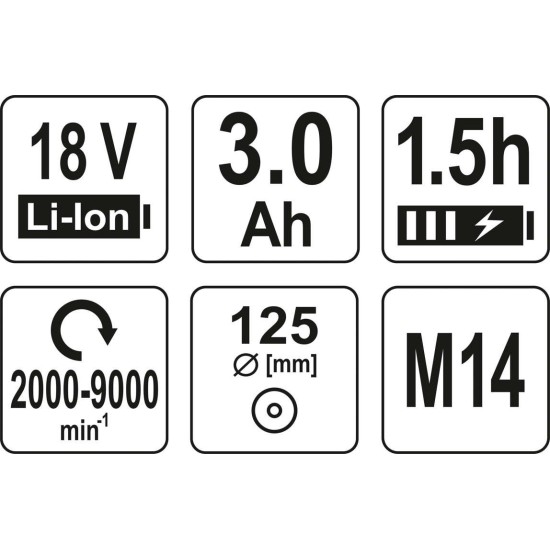 YATO Akkus sarokcsiszoló 18V Li-Ion 125 mm, 3.0Ah akku+töltő