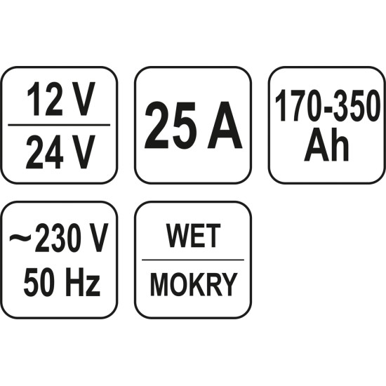 YATO Akkumulátor töltő 12-24V 25A 170-350Ah
