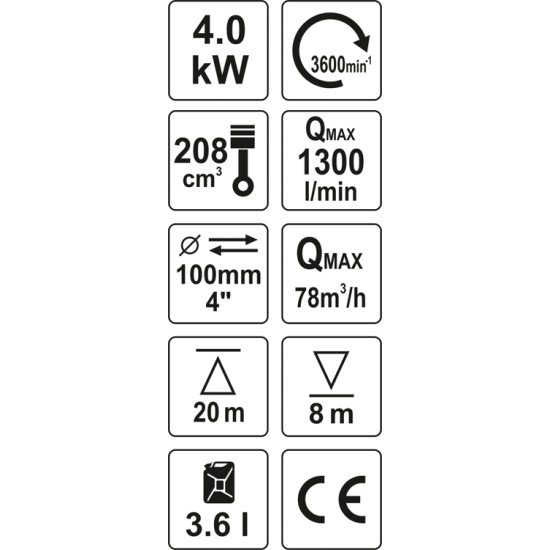 YATO Benzines vízszivattyú 208 ccm 5,33 Le 78 m3/h YATO Benzines vízszivattyú 208 ccm 5,33 Le 78 m3/h