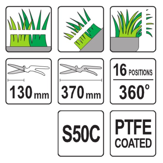 YATO Fűnyíró olló 370mm forgatható (16 pozíció 360°) YATO Fűnyíró olló 370mm forgatható (16 pozíció 360°)