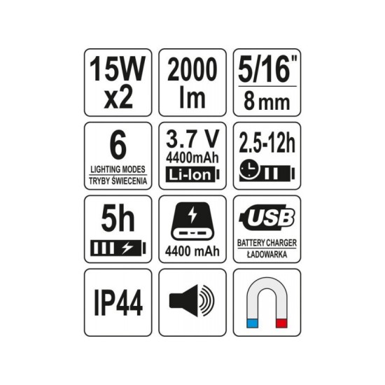 YATO 3in1 Akkus LED fényvető hangszóróval 2000 lumen USB
