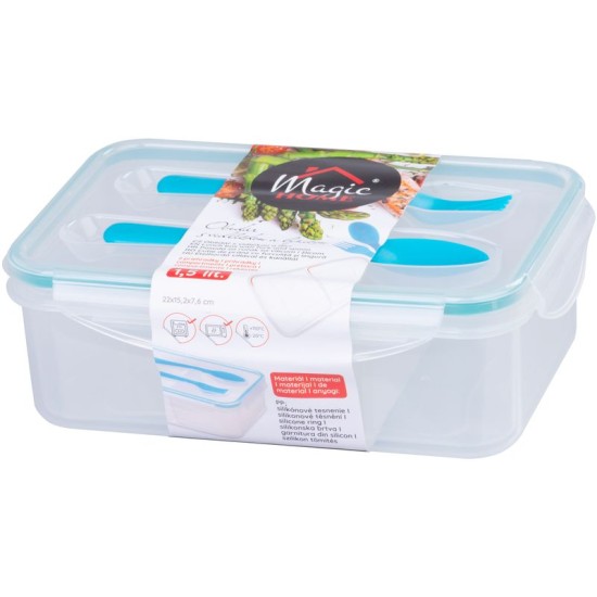 Ételhordó MagicHome, szögletes, 1,5 l, villával és kanállal, 2 rekesszel, 22 x 15,2 x 7,6 cm
