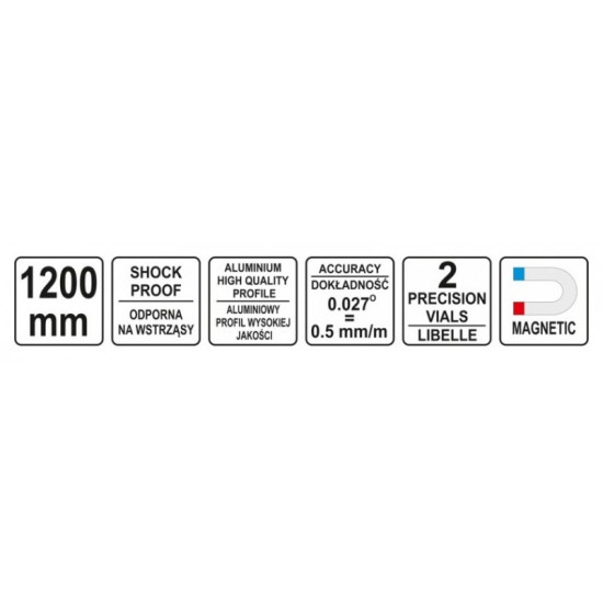 YATO Vízmérték mágneses 2 libella 1 fogantyú 1200 mm
